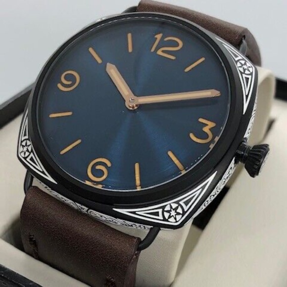 Vintage Military Custom Carved 47mm Blue Dial Mechanical Sterile Watch Brand New - Picture 2 of 9